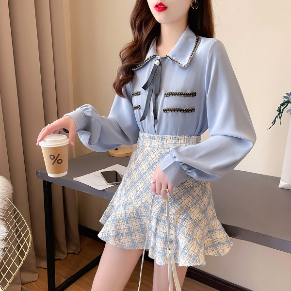 Модерен дамски комплект- от риза и карирана пола