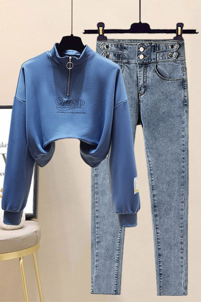 Moodne naiste teksade ja dressipluusi komplekt