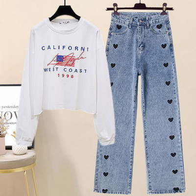 Ženski ležerni komplet bluze s printom i traperica s vezom