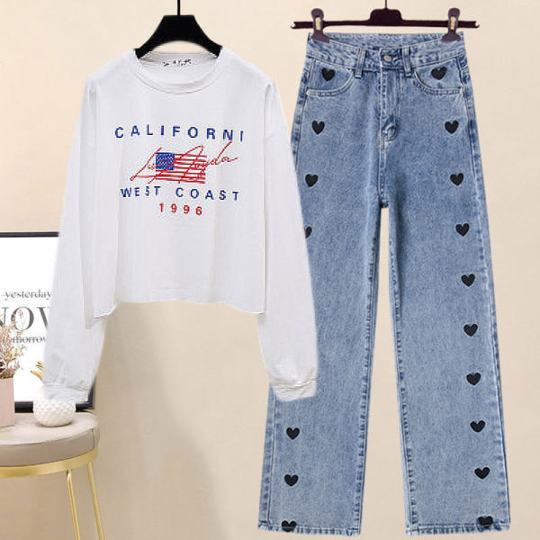 Ženski ležerni komplet bluze s printom i traperica s vezom