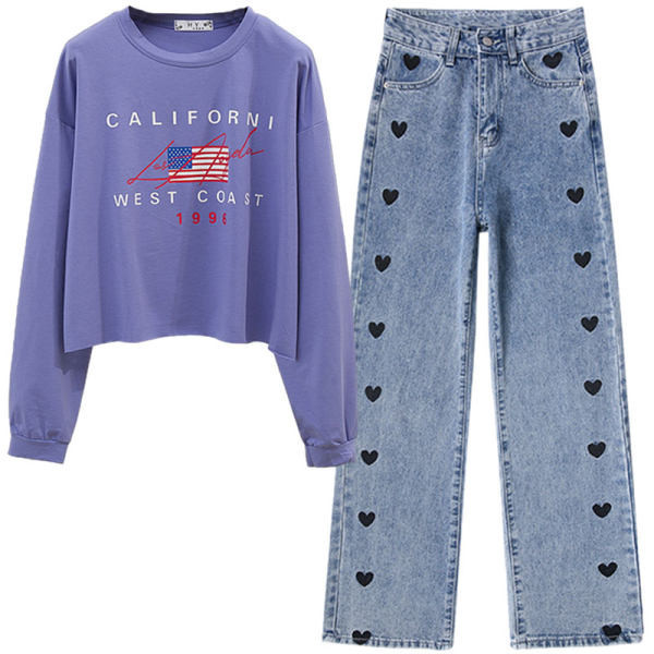 Ženski ležerni komplet bluze s printom i traperica s vezom