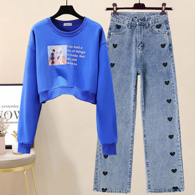 Juhuslik naiste prindiga pluus ja tikandiga teksad