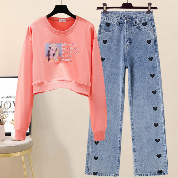 Juhuslik naiste prindiga pluus ja tikandiga teksad