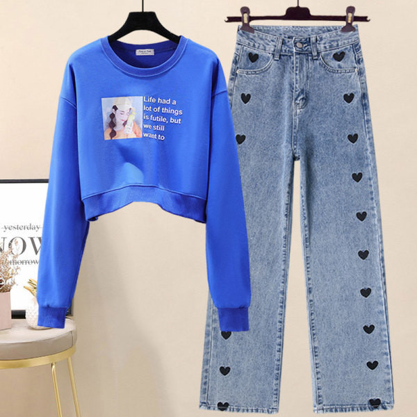 Juhuslik naiste prindiga pluus ja tikandiga teksad