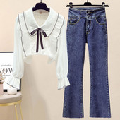 Moodne kaheosaline naiste komplekt - pitssärgiga teksad