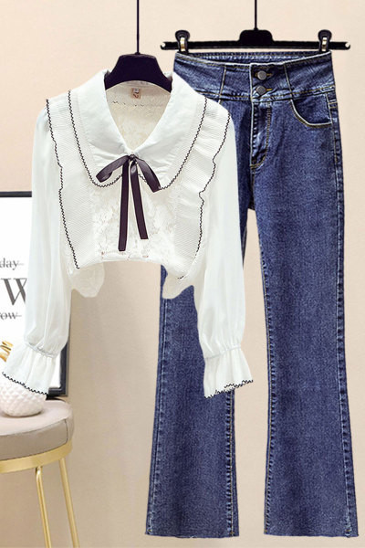 Moodne kaheosaline naiste komplekt - pitssärgiga teksad