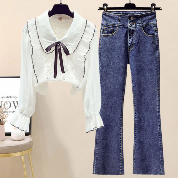 Moodne kaheosaline naiste komplekt - pitssärgiga teksad