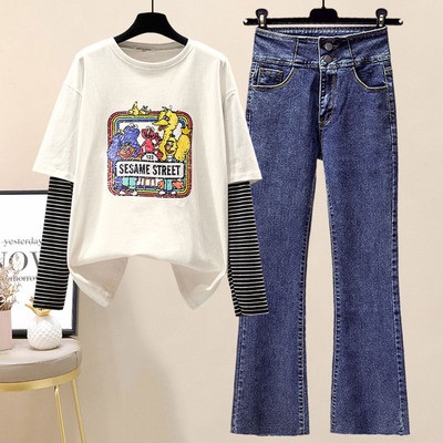 Moodne naiste ümara kaelusega pluusi ja teksadega komplekt