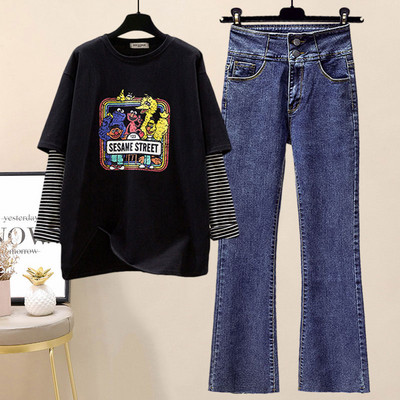 Moodne naiste ümara kaelusega pluusi ja teksadega komplekt