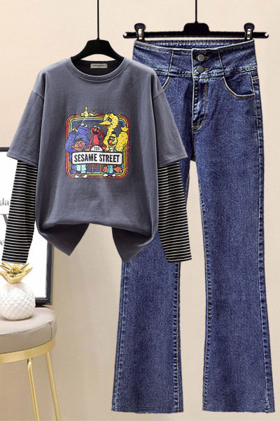 Moodne naiste ümara kaelusega pluusi ja teksadega komplekt