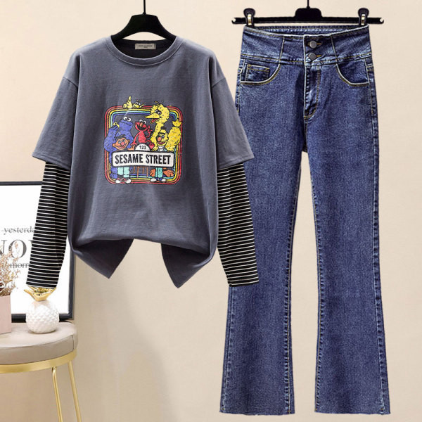 Moodne naiste ümara kaelusega pluusi ja teksadega komplekt