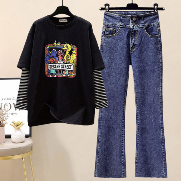 Moodne naiste ümara kaelusega pluusi ja teksadega komplekt