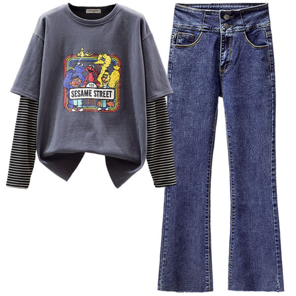 Moodne naiste ümara kaelusega pluusi ja teksadega komplekt