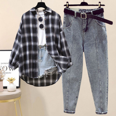 Модерен комплект от дълги дънки и карирана риза