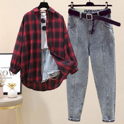 Модерен комплект от дълги дънки и карирана риза