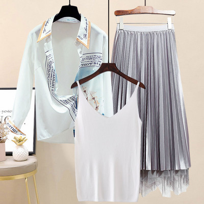 Ежедневен дамски комплект от три части -риза,топ и плисирана пола