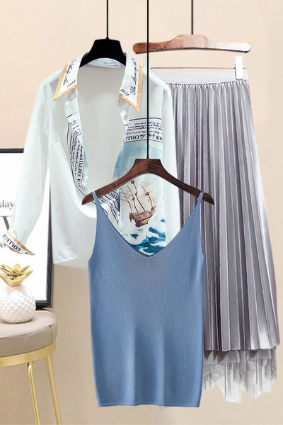 Ежедневен дамски комплект от три части -риза,топ и плисирана пола