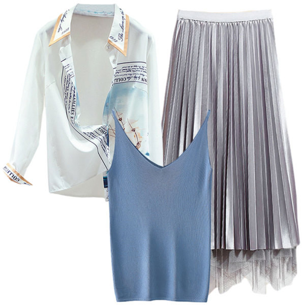 Ежедневен дамски комплект от три части -риза,топ и плисирана пола