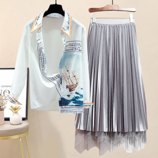 Ежедневен дамски комплект от три части -риза,топ и плисирана пола