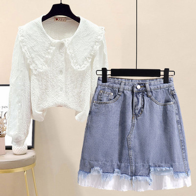 Комплект от дънкова пола и риза с перли