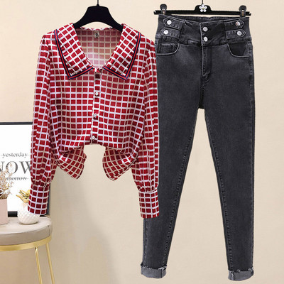 Naiste vabaaja komplekt ruudulisest särgist ja elastsetest teksadest