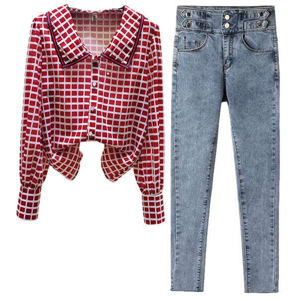 Naiste vabaaja komplekt ruudulisest särgist ja elastsetest teksadest