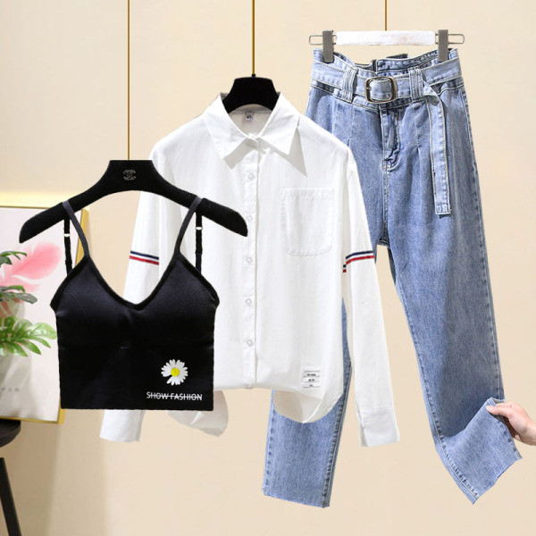 Naiste komplekt kolmest osast - särk, teksad ja rinnatükk