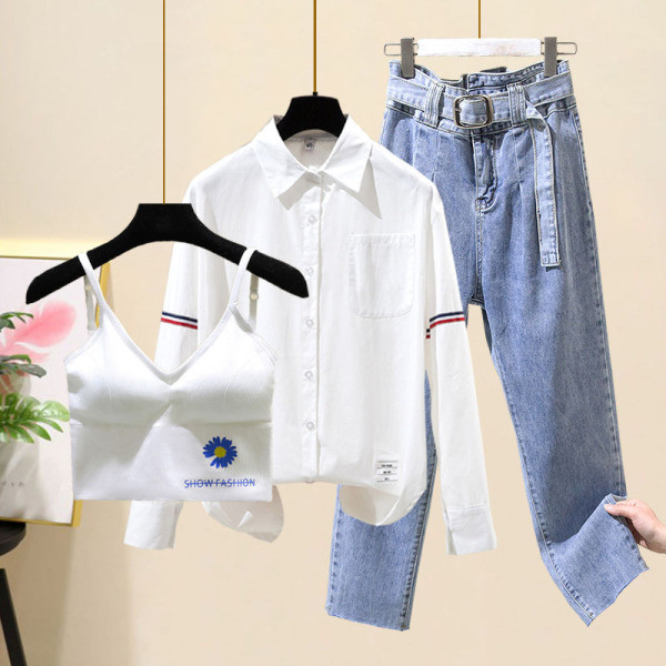 Naiste komplekt kolmest osast - särk, teksad ja rinnatükk