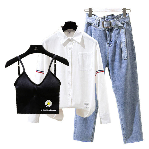 Naiste komplekt kolmest osast - särk, teksad ja rinnatükk