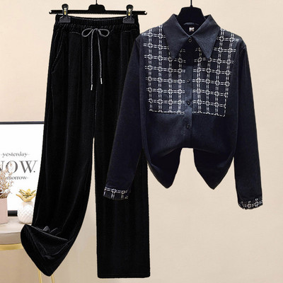 Καθημερινό γυναικείο σετ από δύο μέρη - φαρδύ παντελόνι και πουκάμισο