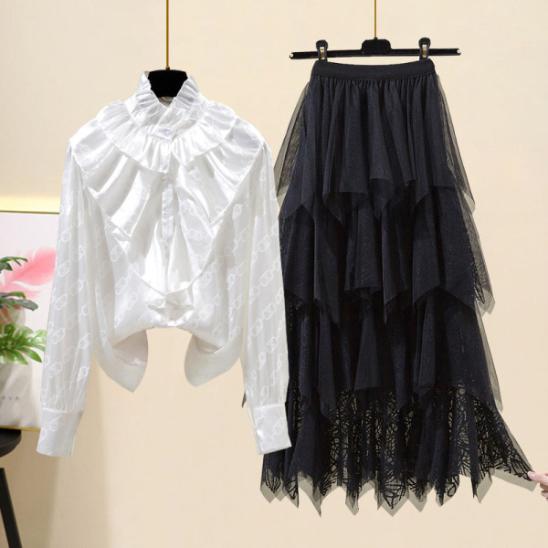 Moodne naiste pika seeliku komplekt pitsi ja särgiga