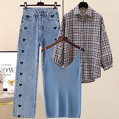 Teksapükste komplekt, topp ja ruuduline särk