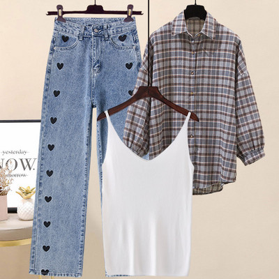 Teksapükste komplekt, topp ja ruuduline särk