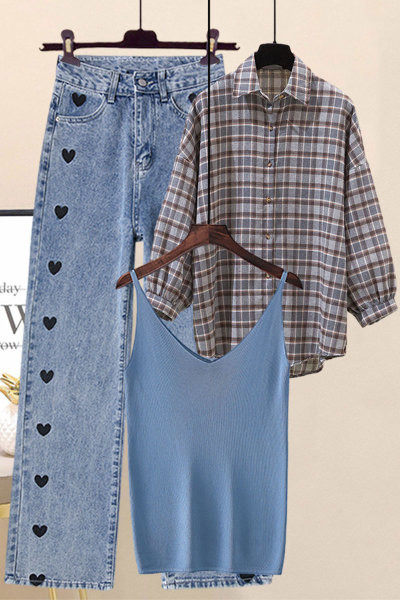 Teksapükste komplekt, topp ja ruuduline särk