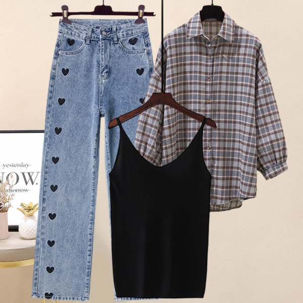 Teksapükste komplekt, topp ja ruuduline särk