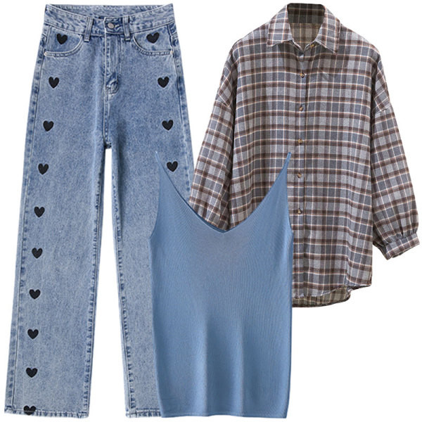 Teksapükste komplekt, topp ja ruuduline särk