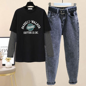 Naiste vabaaja komplekt pikkadest teksadest ja pikkade varrukatega pluusist