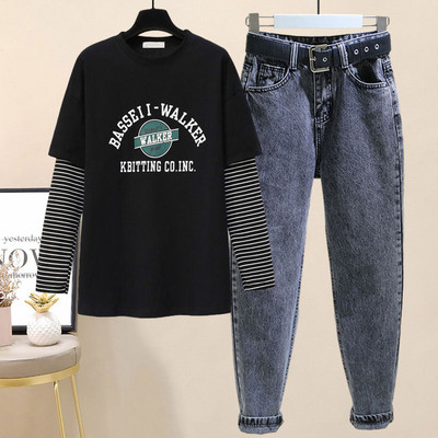 Naiste vabaaja komplekt pikkadest teksadest ja pikkade varrukatega pluusist