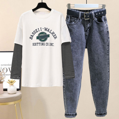 Naiste vabaaja komplekt pikkadest teksadest ja pikkade varrukatega pluusist