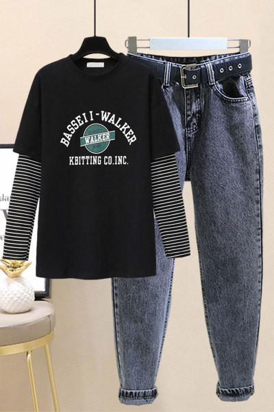 Naiste vabaaja komplekt pikkadest teksadest ja pikkade varrukatega pluusist