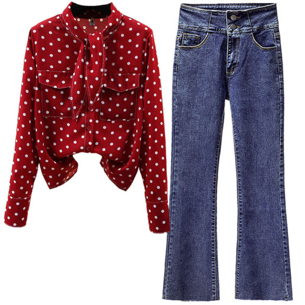 Moodne naiste komplekt kaheosalisest täppidega särgist ja teksadest