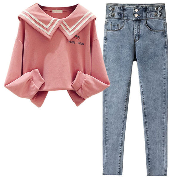 Uue mudeli naiste tikandiga pluusikomplekt ja teksad