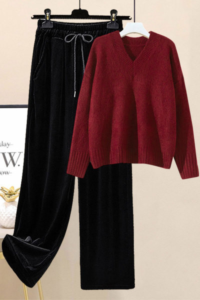 Casual γυναικείο πουλόβερ με ντεκολτέ και φαρδύ παντελόνι