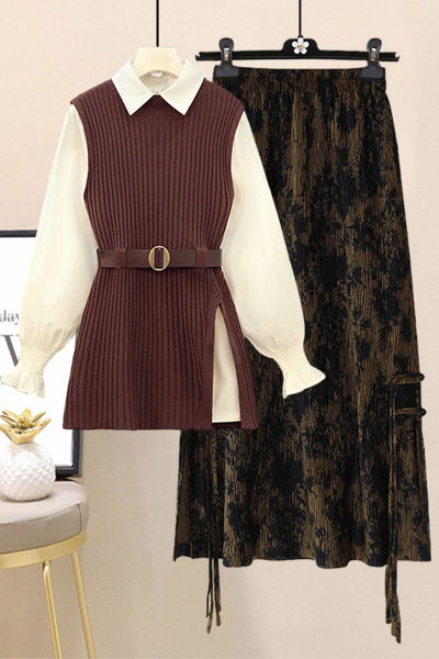 Uue mudeli naiste komplekt kolmeosalisest särgist, vestist ja seelikust