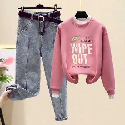 Naiste vabaaja teksade ja pluusi komplekt