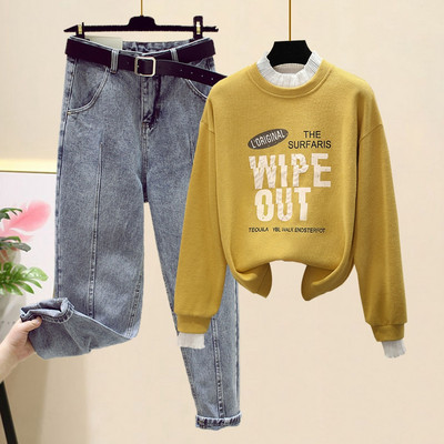 Naiste vabaaja teksade ja pluusi komplekt