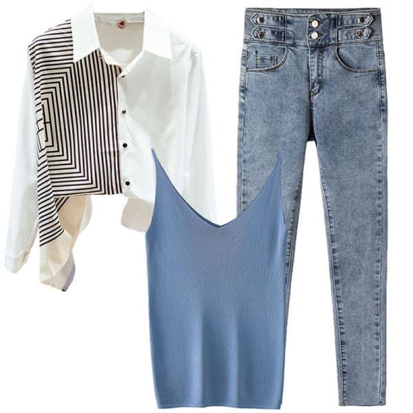 Γυναικείο πουκάμισο, μπλουζάκι και τζιν - σετ για γυναίκες