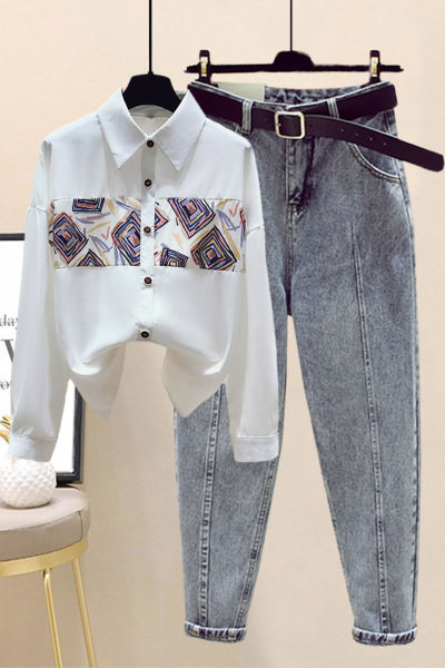 Moodne aplikatsiooniga naiste särgikomplekt ja teksad