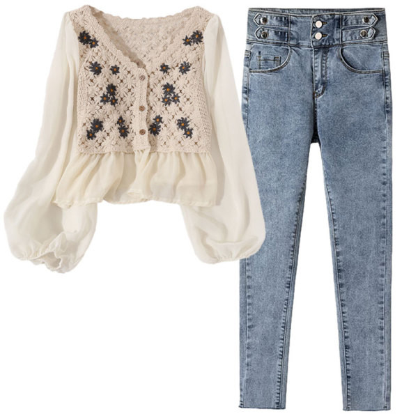 Moodne tikandiga särgikomplekt ja pikad teksad