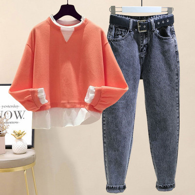 Vabaaja komplekt naiste pluusi ja teksapükse koos vööga